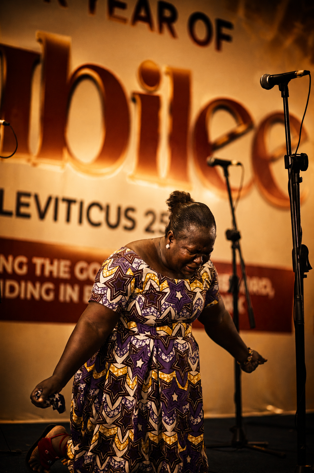 A woman bowed in worship before the platform