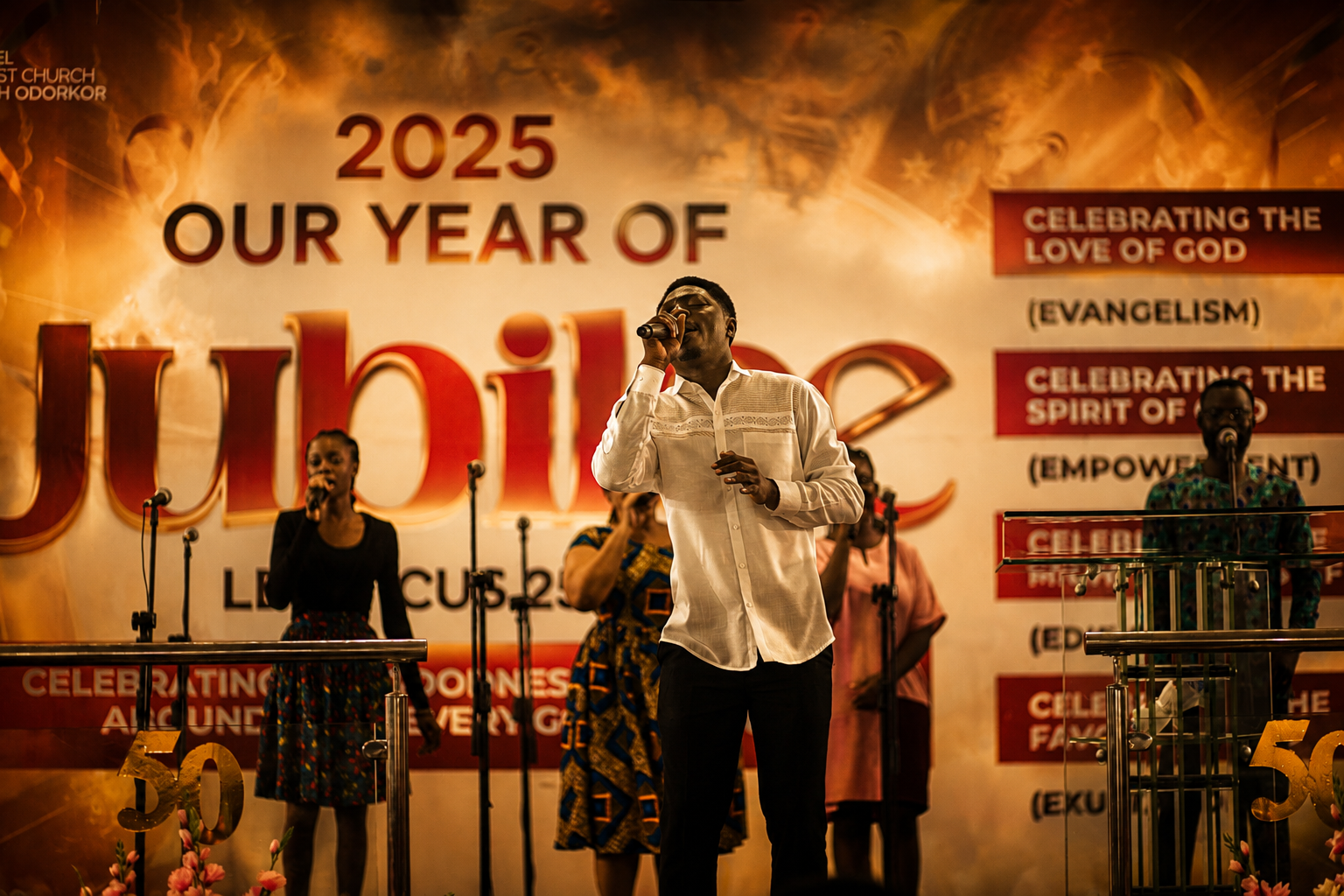 A worship leader ministering on stage before the Jubilee backdrop